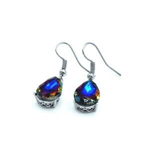 Teardrop Mystic Fire Topaz Crystal Dangle Earrings Silver Tone Filigree Boho